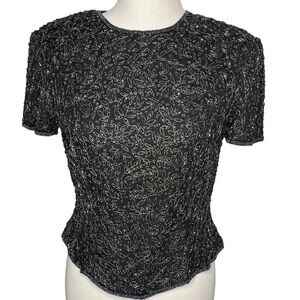 Papell Boutique Evening Black Silk Beaded Cocktail Blouse Size 14 Short Sleeve